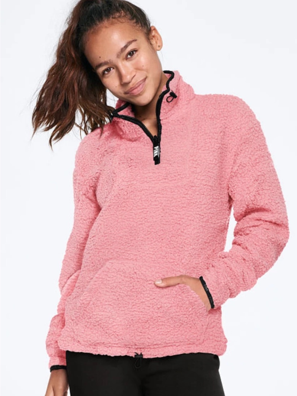 Cozy Pink Large Sherpa Quarter-Zip Pullover Jacket Victoria Secret